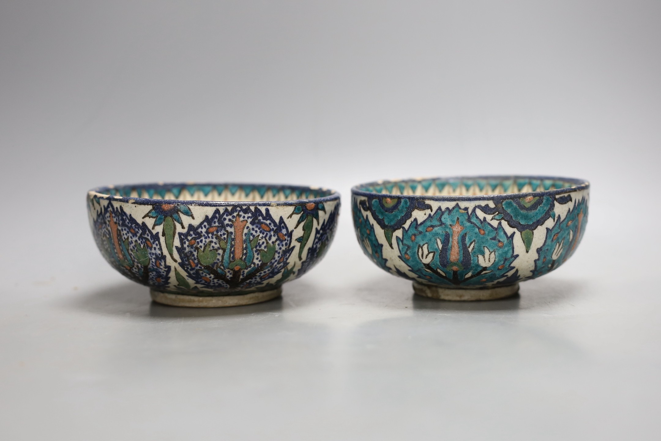 Two Iznik style fritware footed bowls, 15.5 cms diameter.